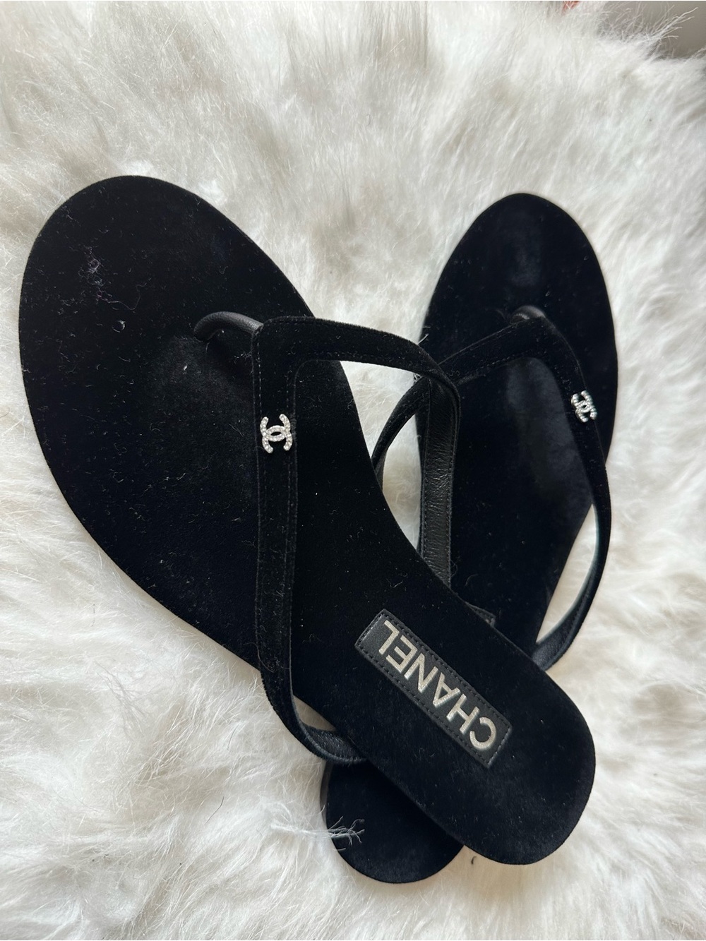 CHANEL Black Velvet CC Logo Thong Sandals